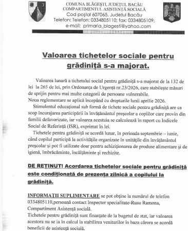 Anunț majorare valoare tichete sociale pentru grădiniță